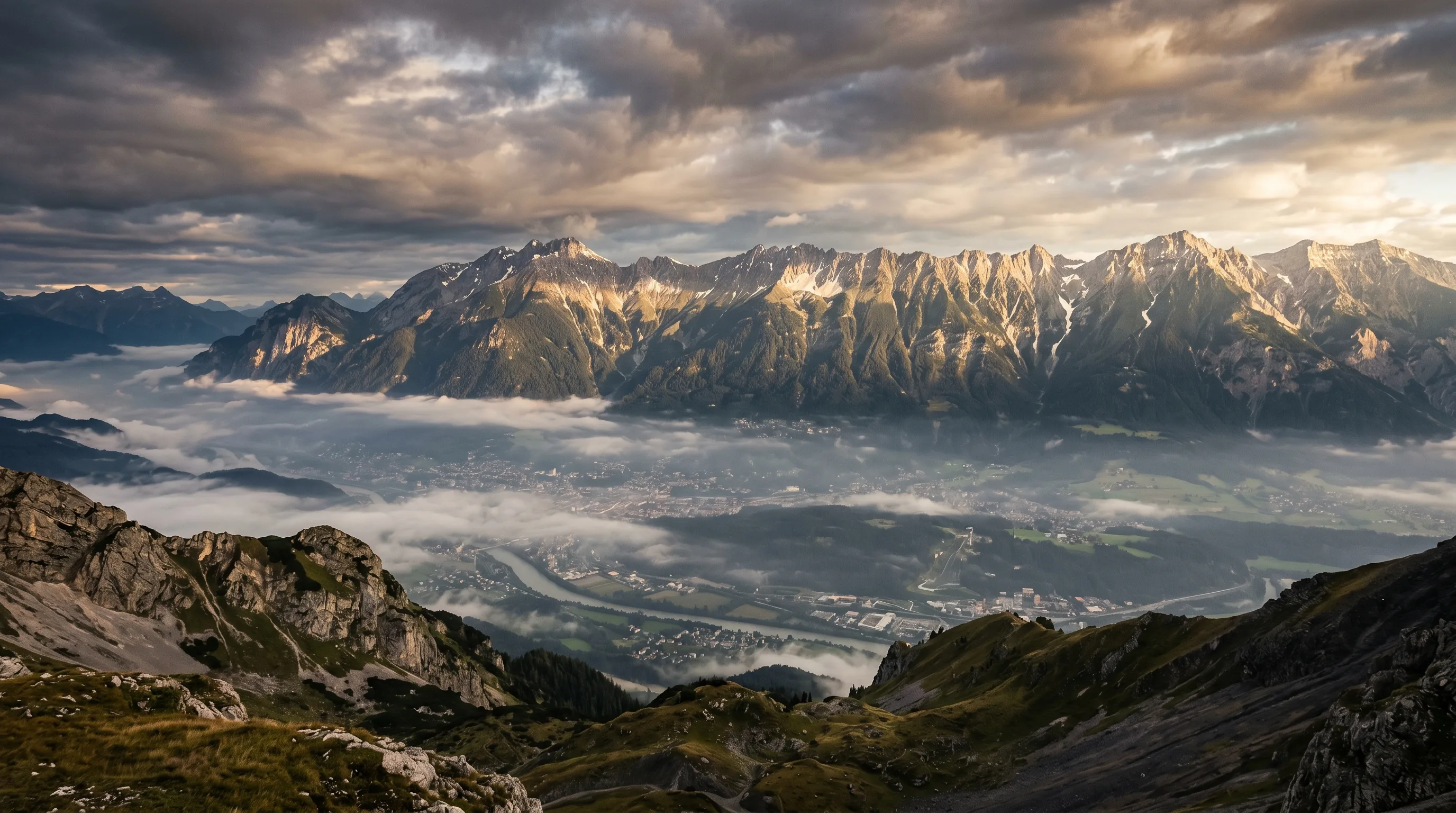 The Nordkette range rising above the Inn valley near Innsbruck at golden hour.